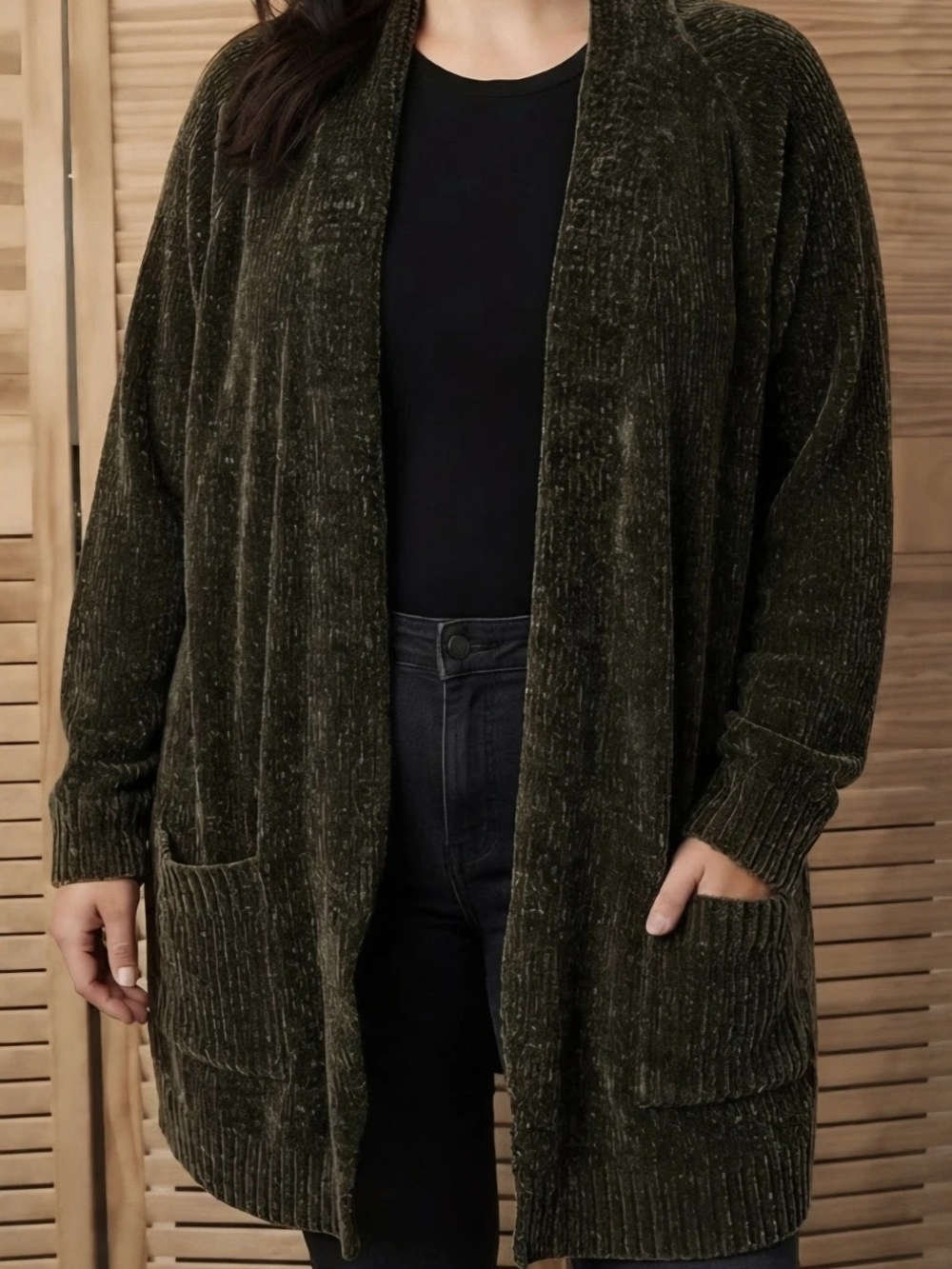 Olive Green Open-Front Chenille Cardigan Sweater